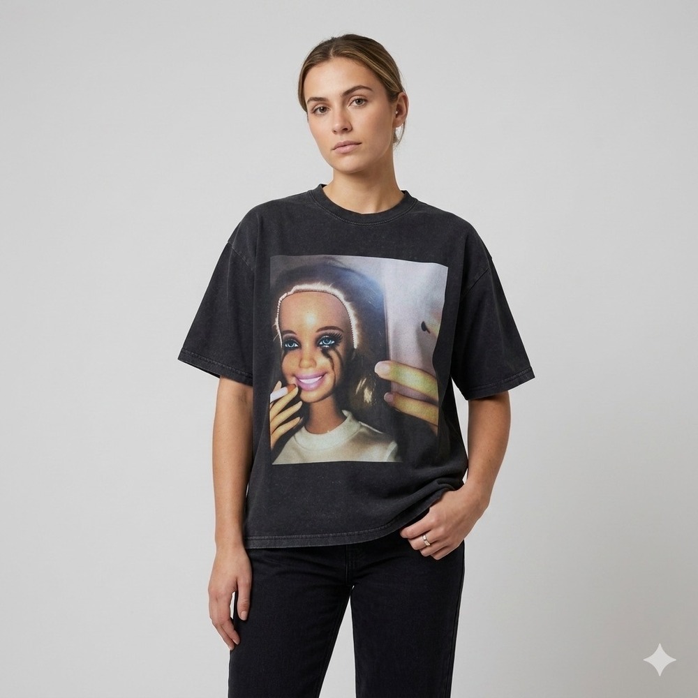 Oversized Graphic T-Shirt Acid Black Barbie Doll Crying I'm Fine Viral Print M